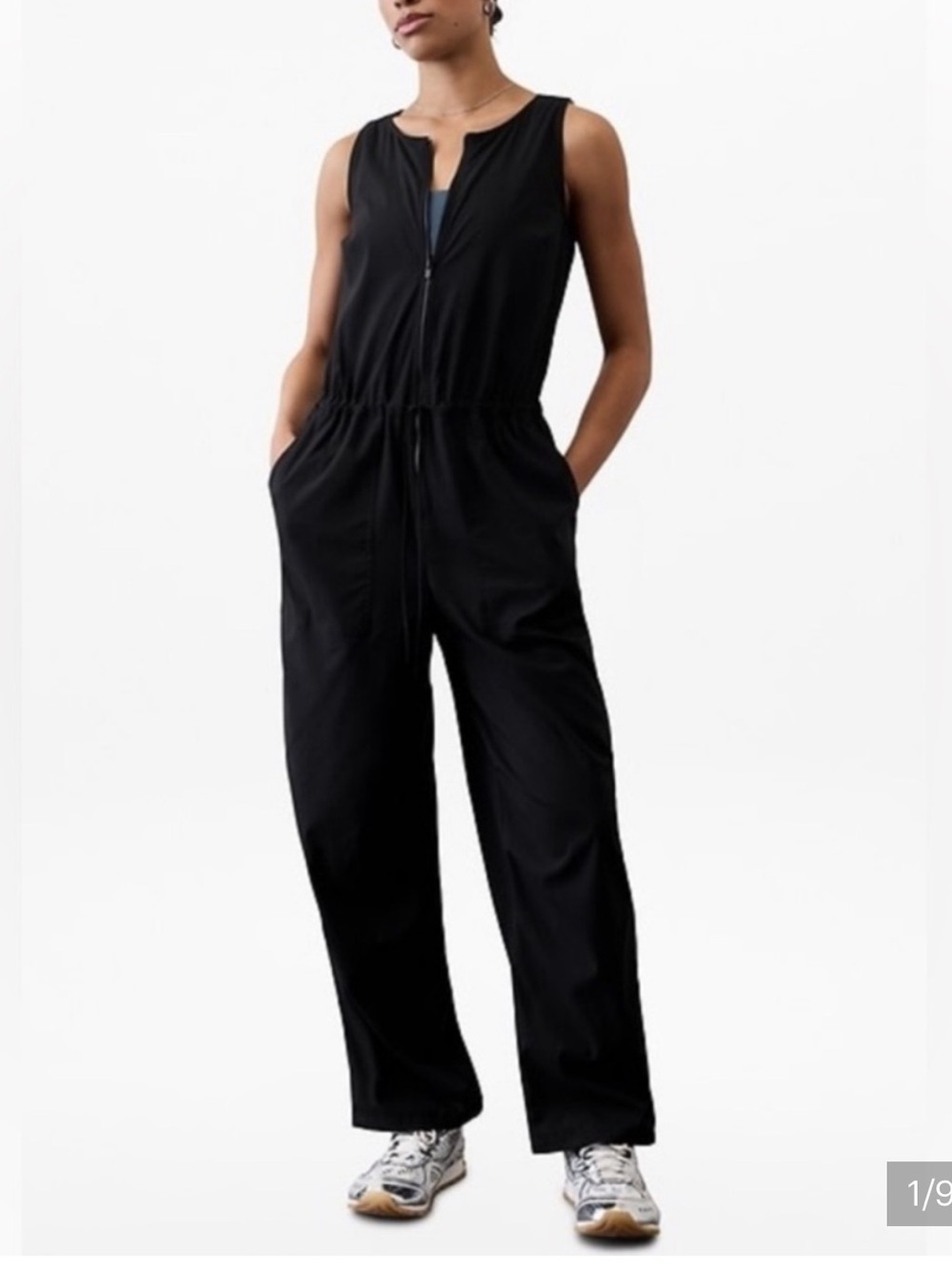 Athleta Flex jumpsuit romper black sleeveless lightweight stretch minimalist XL